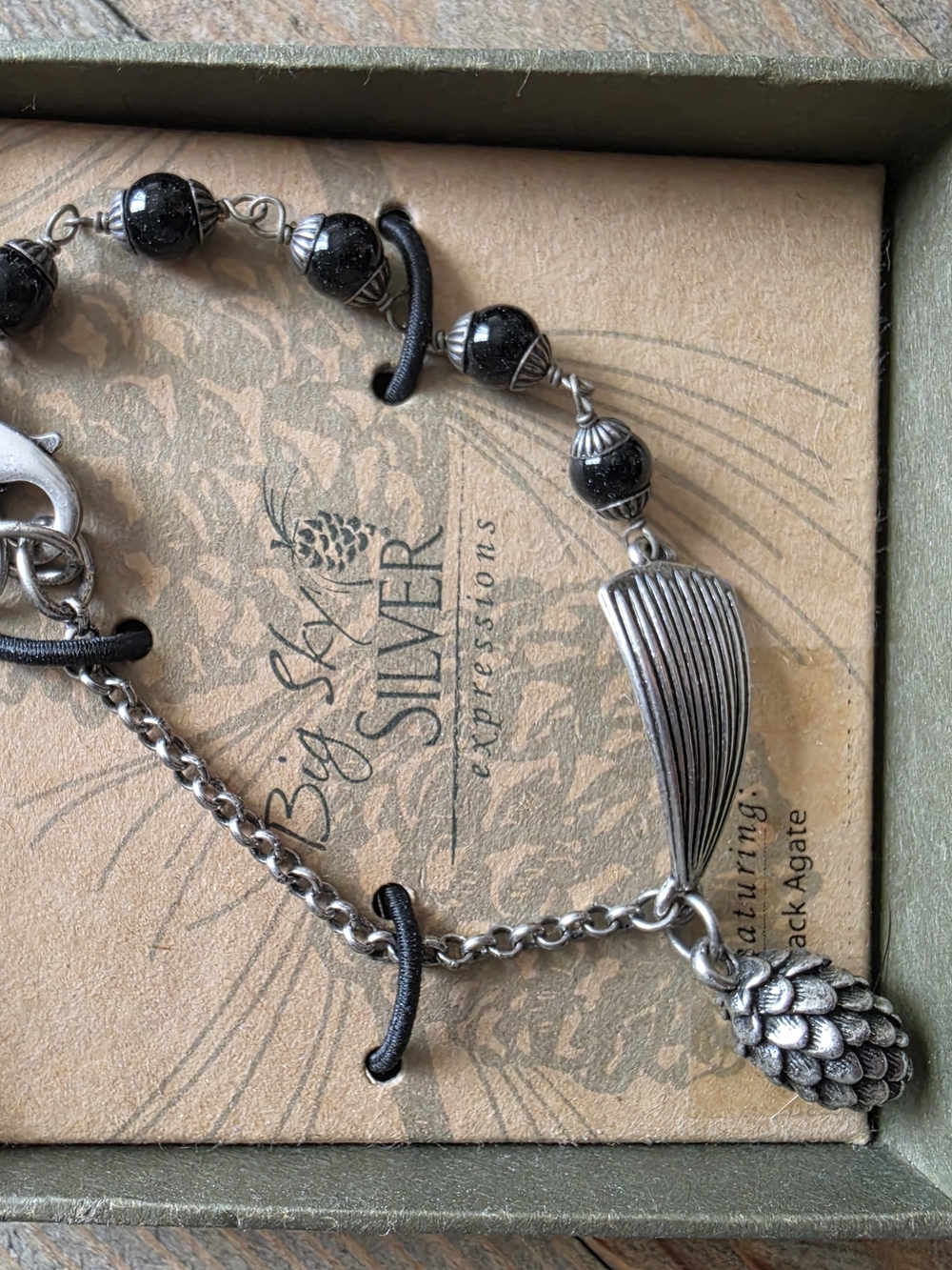 Black Agatebead Stations Pinecone Charm Bracelet,Big SKY Silver